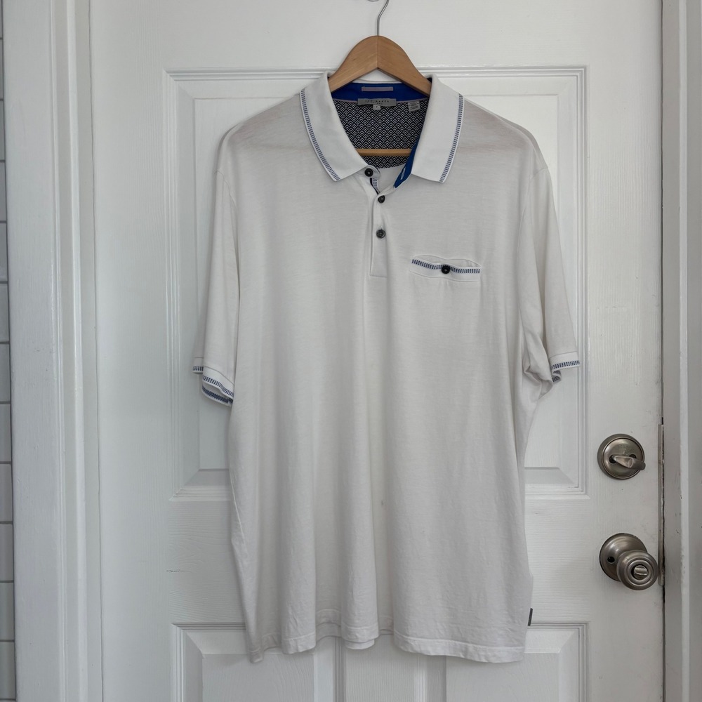 Ted Baker Polo Shirt Mens 7 White Good Tortila Cotton Modal Short Sleeve Pocket